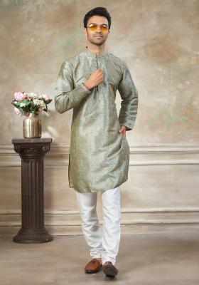 Green Embroidered Silk Kurta Pajama For Men