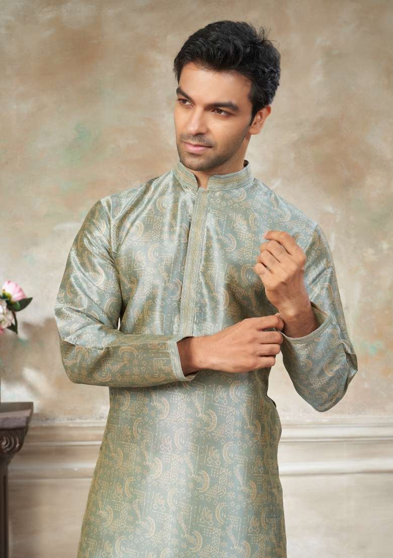 Green Embroidered Silk Blend Kurta Pajama For Men - Indya