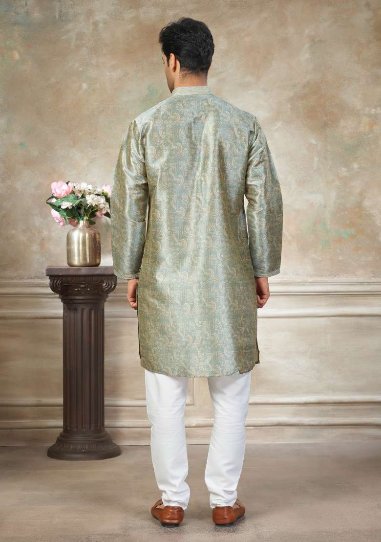 Green Embroidered Silk Blend Kurta Pajama For Men - Indya