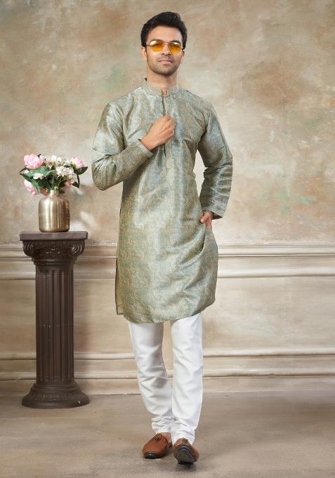 Green Embroidered Silk Blend Kurta Pajama For Men