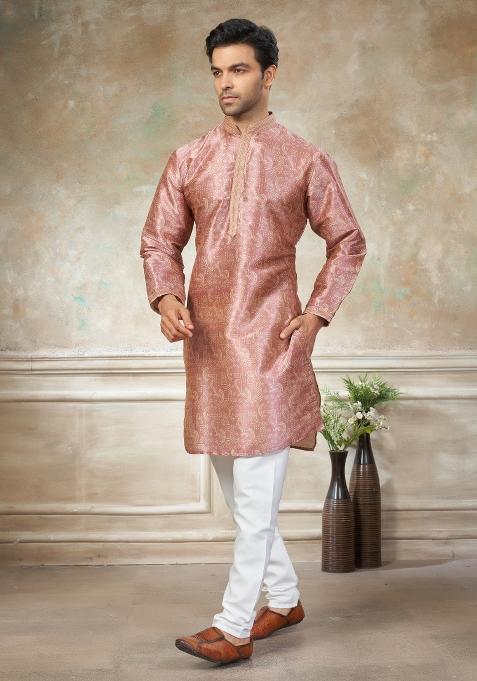 Pink Embroidered Silk Kurta Pajama For Men