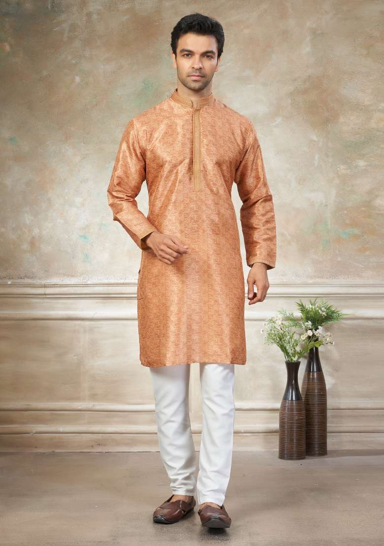 Orange Embroidered Silk Blend Kurta Pajama For Men - Indya