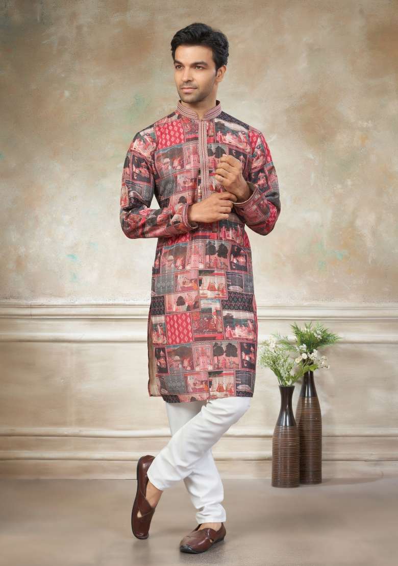 Multicolor Embroidered Cotton Kurta Pajama For Men - Indya
