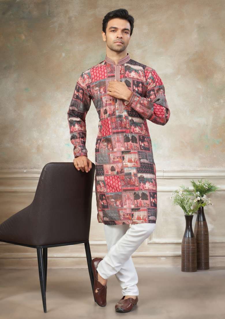 Multicolor Embroidered Cotton Kurta Pajama For Men - Indya