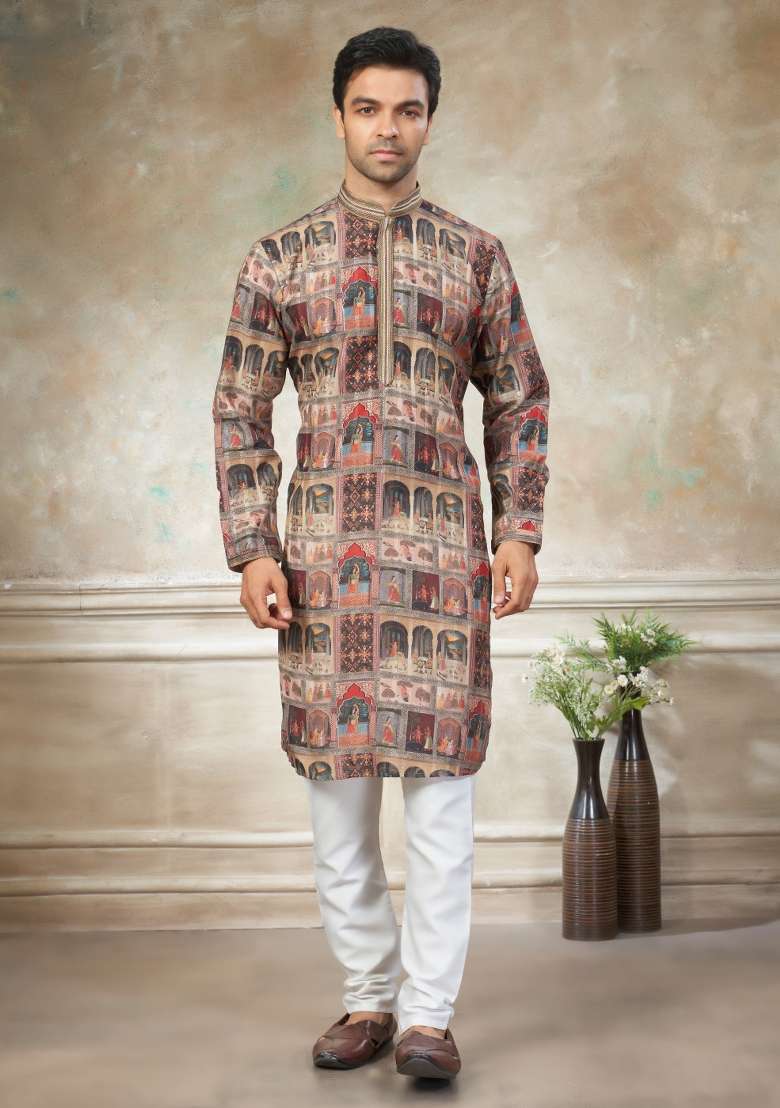 Multicolor Embroidered Cotton Kurta Pajama For Men - Indya