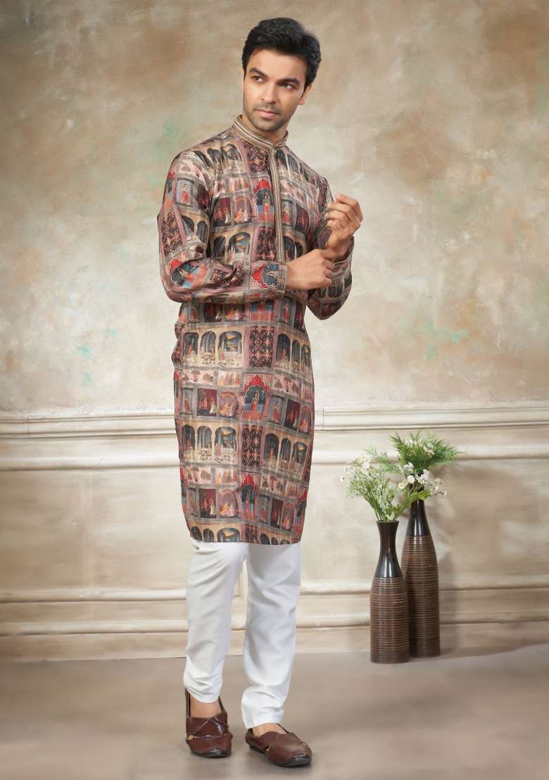 Multicolor Embroidered Cotton Kurta Pajama For Men - Indya