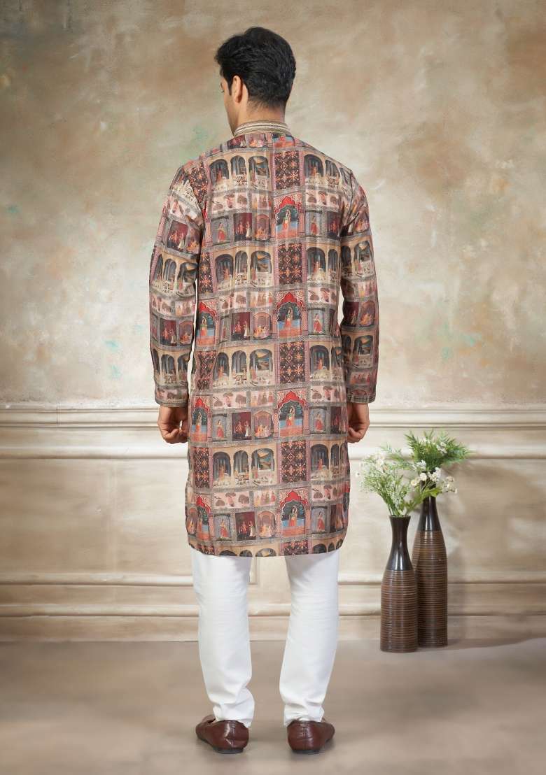 Multicolor Embroidered Cotton Kurta Pajama For Men - Indya