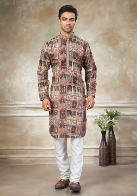 Multicolor Embroidered Cotton Kurta Pajama For Men