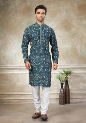Teal Blue Embroidered Cotton Kurta Pajama For Men