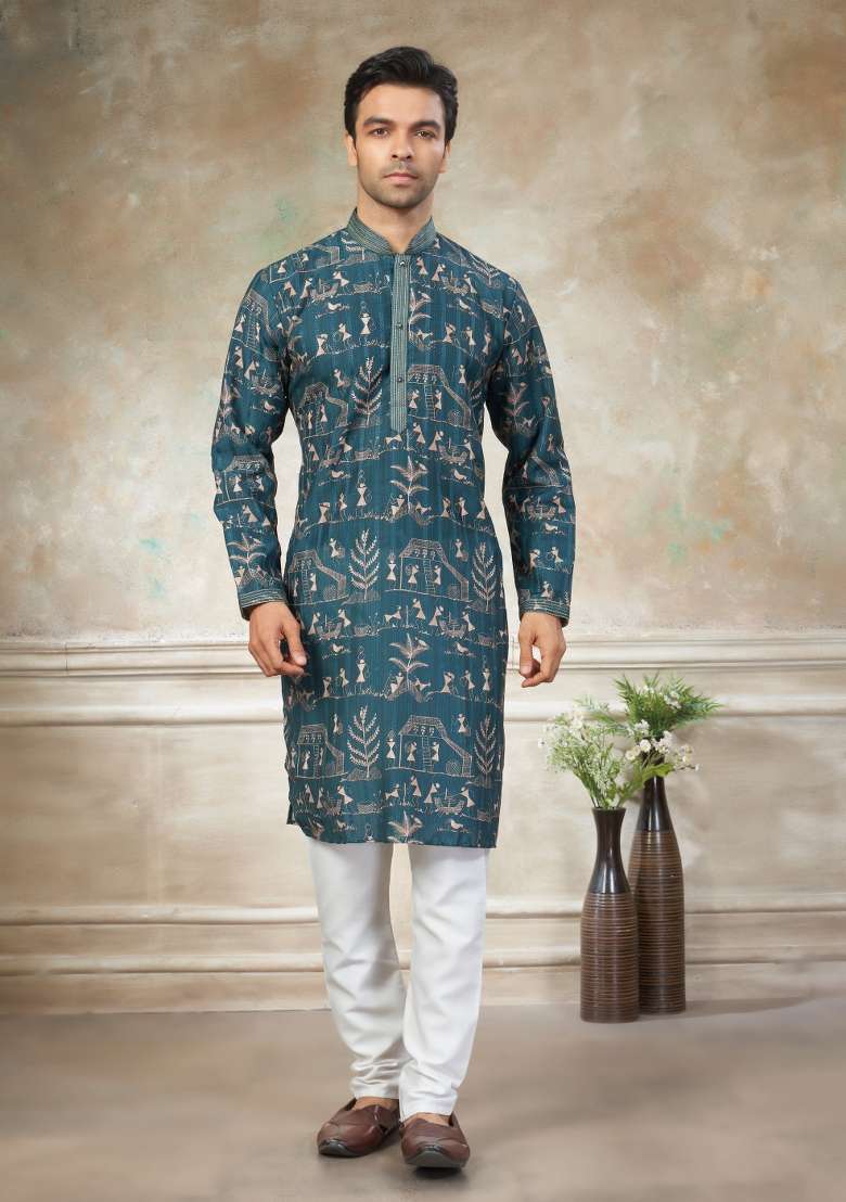 Teal Blue Embroidered Cotton Kurta Pajama For Men - Indya