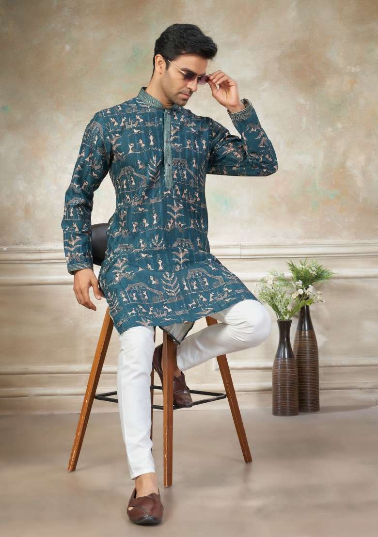 Teal Blue Embroidered Cotton Kurta Pajama For Men - Indya