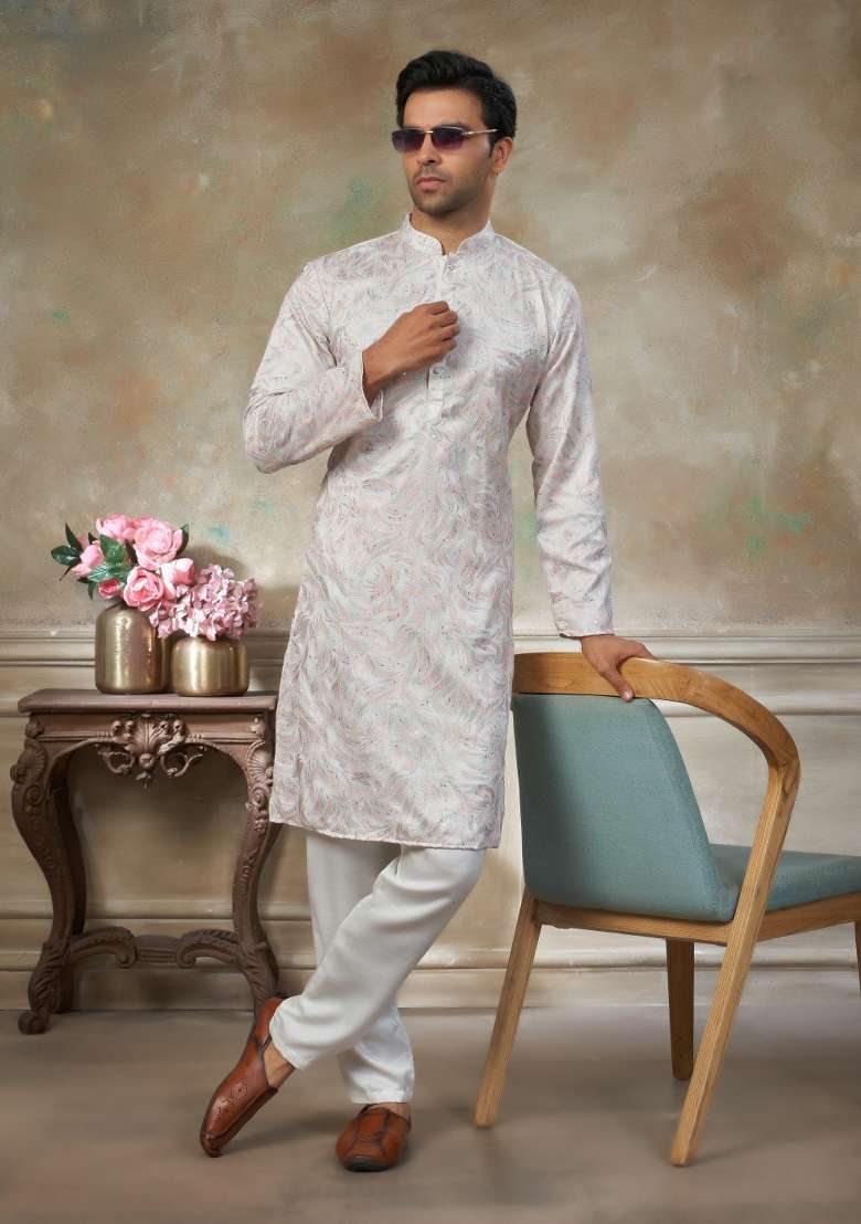 White Embroidered Cotton Kurta Pajama For Men - Indya