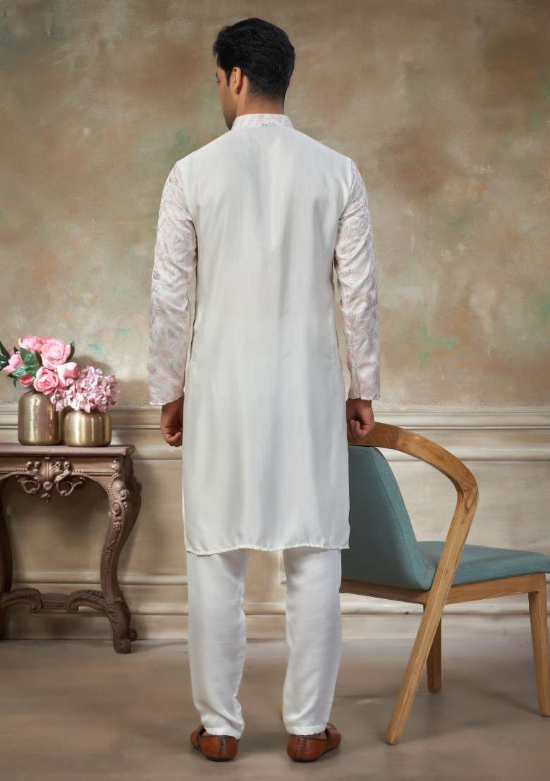 White Embroidered Cotton Kurta Pajama For Men - Indya