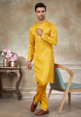 Yellow Embroidered Cotton Kurta Pajama For Men
