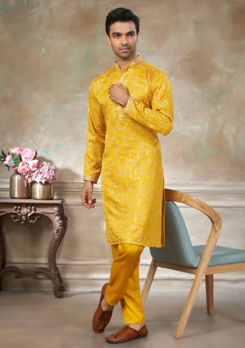 Yellow Embroidered Cotton Kurta Pajama For Men - Indya