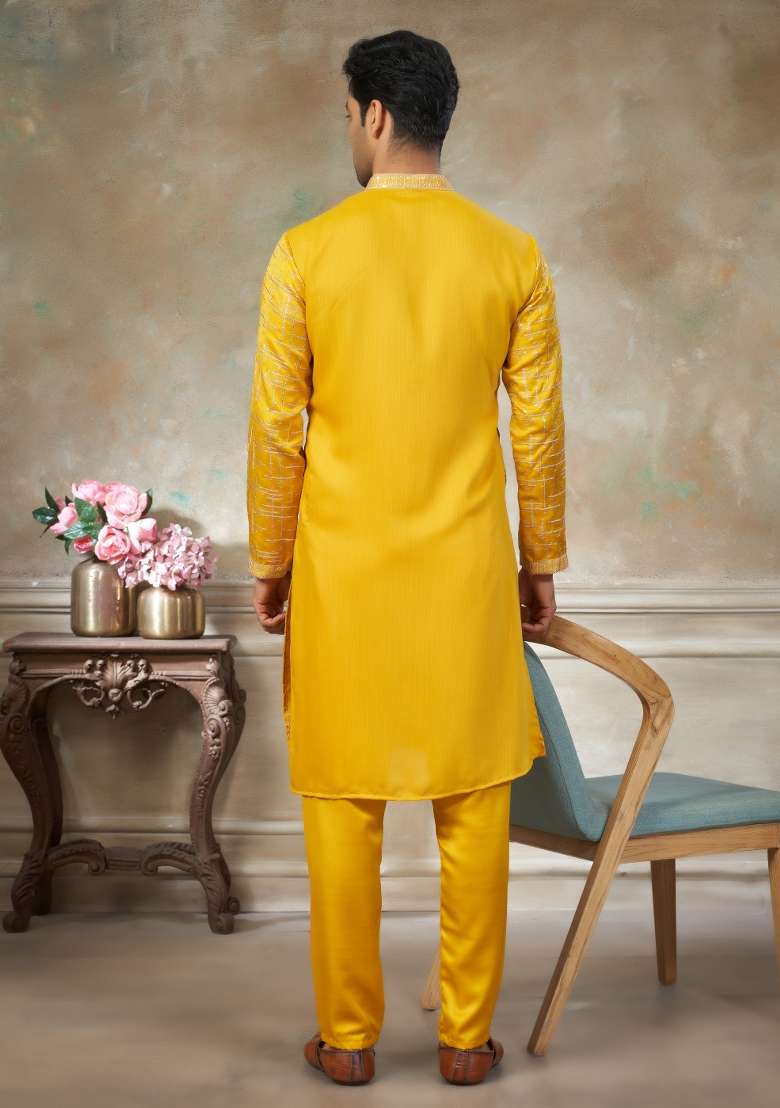 Yellow Embroidered Cotton Kurta Pajama For Men - Indya