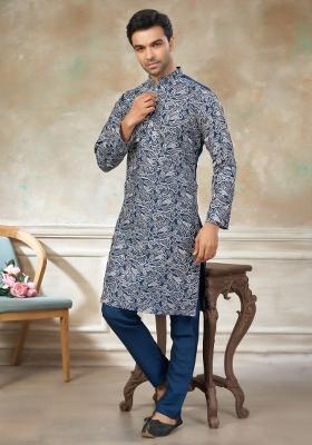 Teal Blue Embroidered Cotton Kurta Pajama For Men