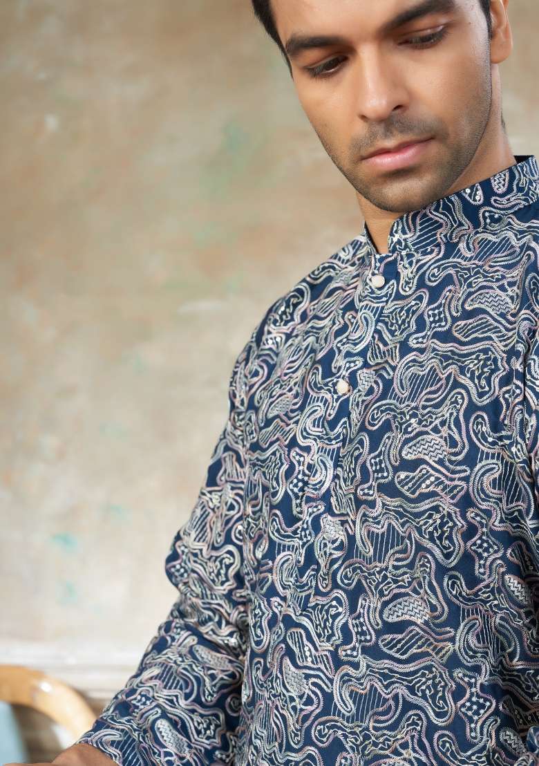 Teal Blue Embroidered Cotton Kurta Pajama For Men - Indya