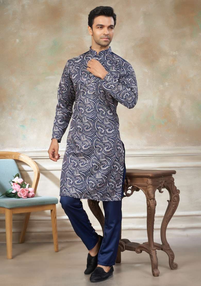 Navy Blue Embroidered Cotton Kurta Pajama For Men - Indya