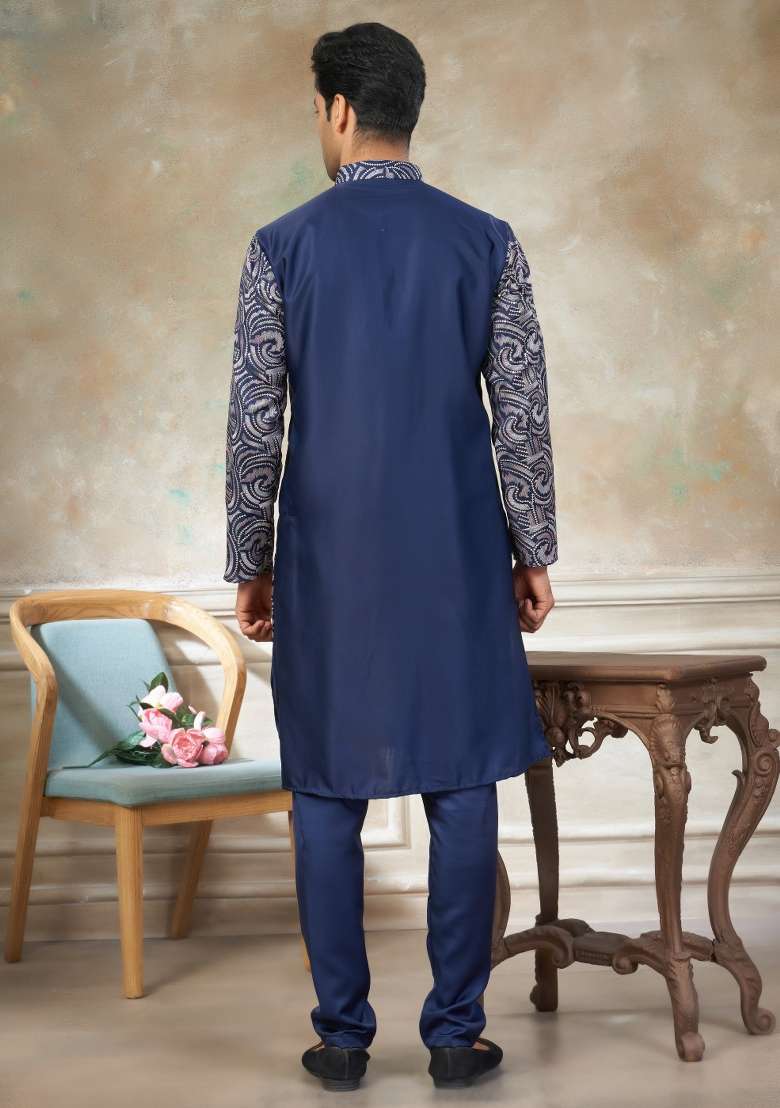 Navy Blue Embroidered Cotton Kurta Pajama For Men - Indya