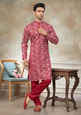 Red Embroidered Cotton Kurta Pajama For Men