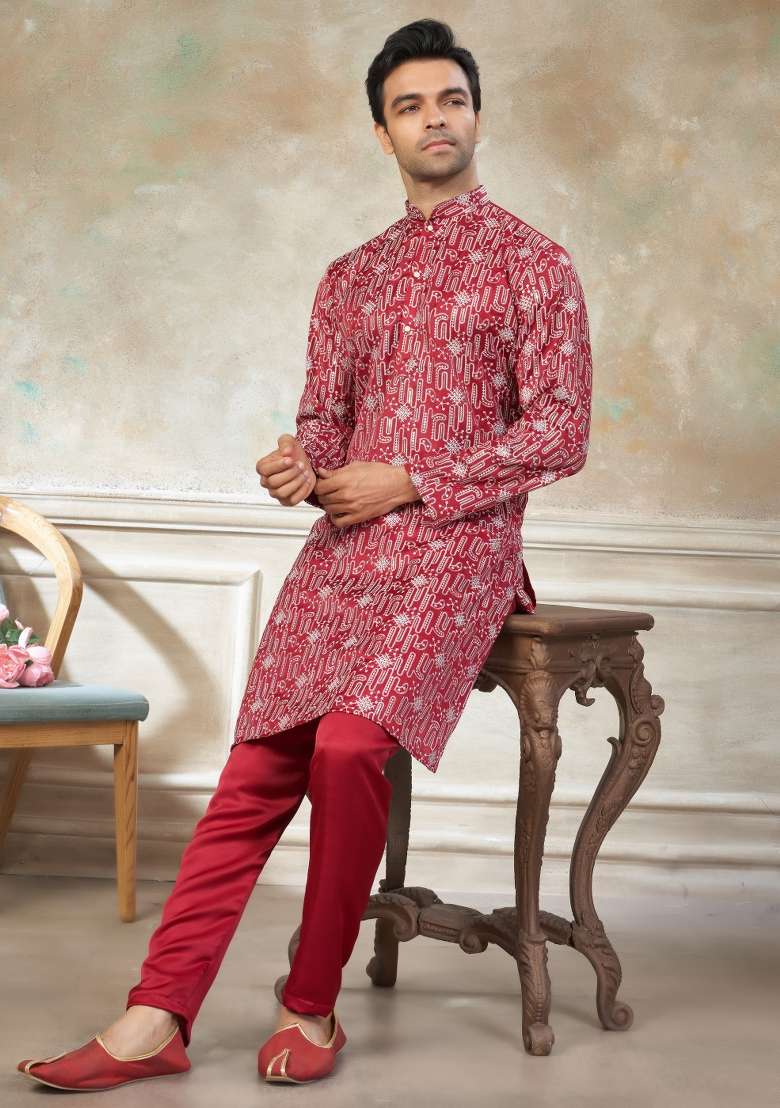 Red Embroidered Cotton Kurta Pajama For Men - Indya