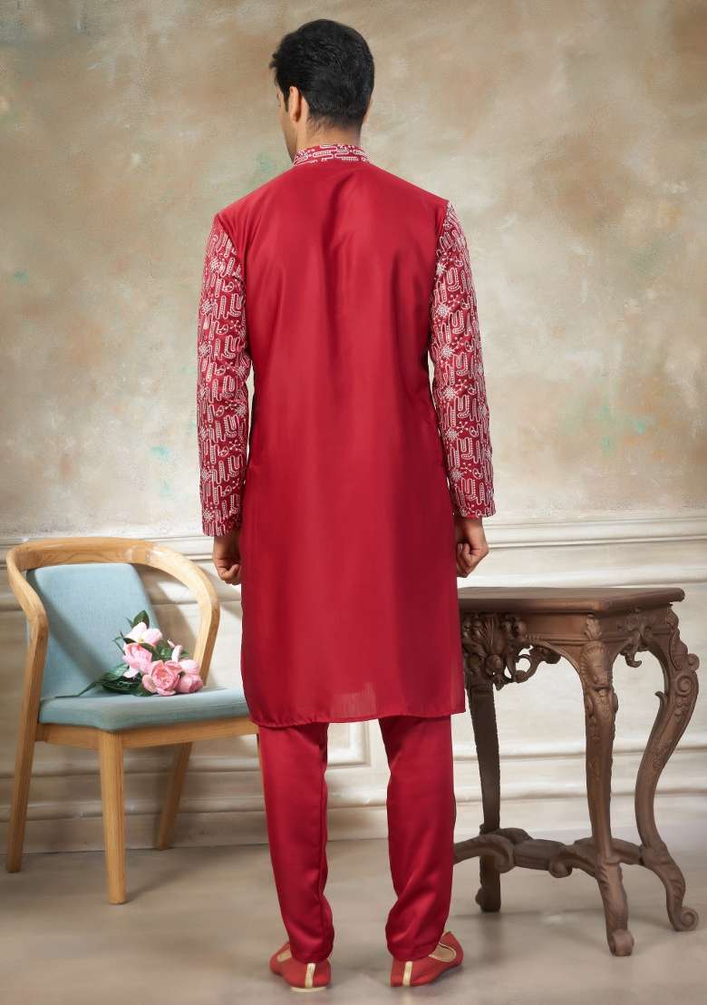 Red Embroidered Cotton Kurta Pajama For Men - Indya