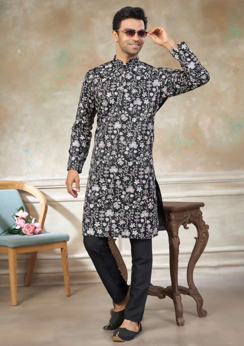 Black Embroidered Cotton Kurta Pajama For Men - Indya