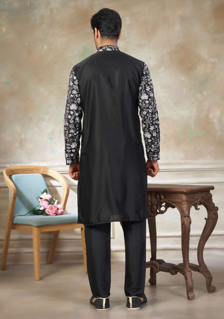 Black Embroidered Cotton Kurta Pajama For Men - Indya