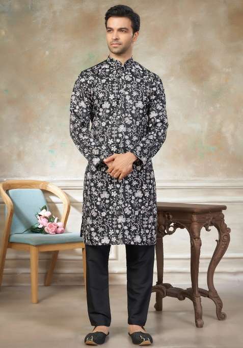 Black Embroidered Cotton Kurta Pajama For Men
