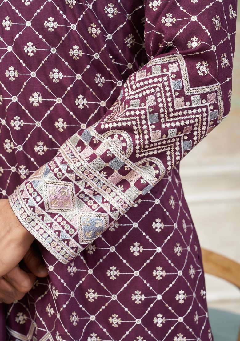 Pink Embroidered Cotton Kurta Pajama For Men - Indya