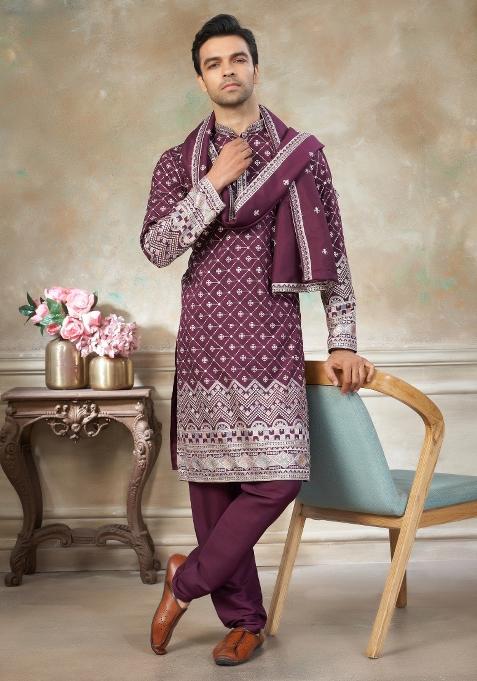 Pink Embroidered Cotton Kurta Pajama For Men