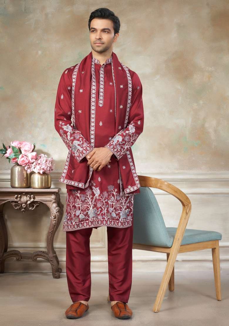 Red Embroidered Cotton Kurta Pajama For Men - Indya