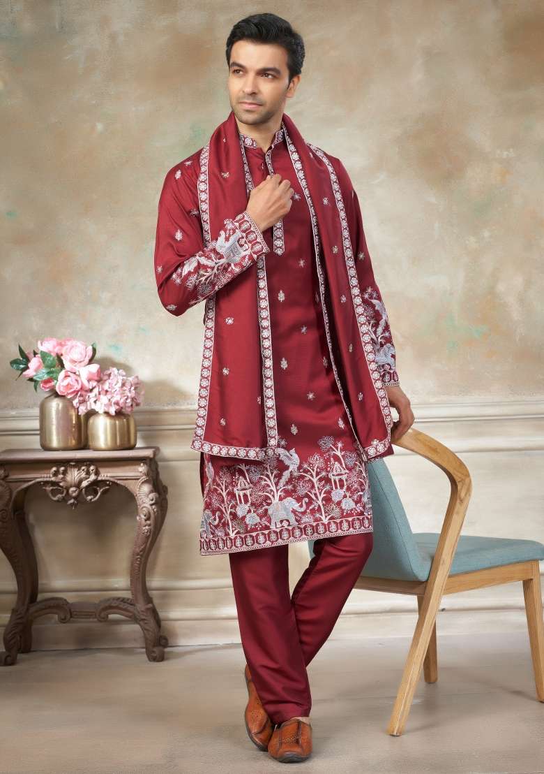 Red Embroidered Cotton Kurta Pajama For Men - Indya