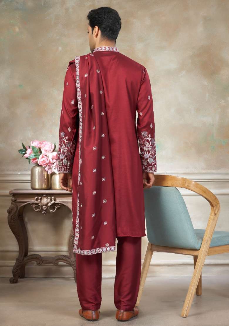 Red Embroidered Cotton Kurta Pajama For Men - Indya