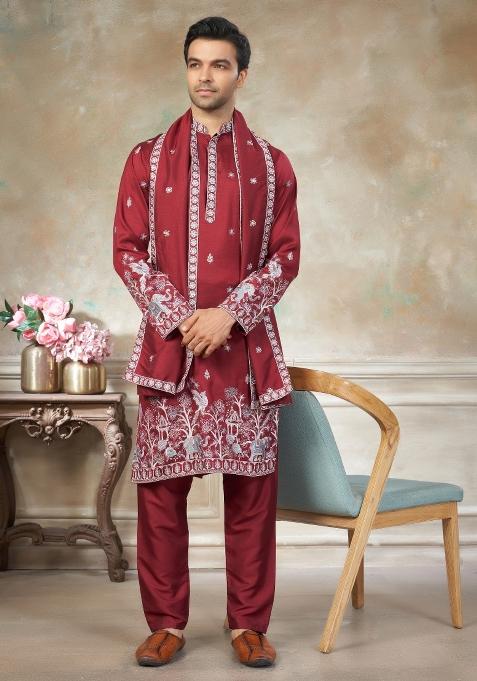 Red Embroidered Cotton Kurta Pajama For Men