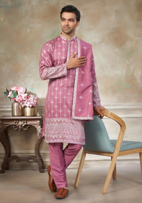 Pink Embroidered Cotton Kurta Pajama For Men