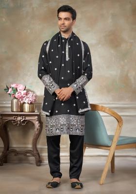 Black Embroidered Cotton Kurta Pajama For Men