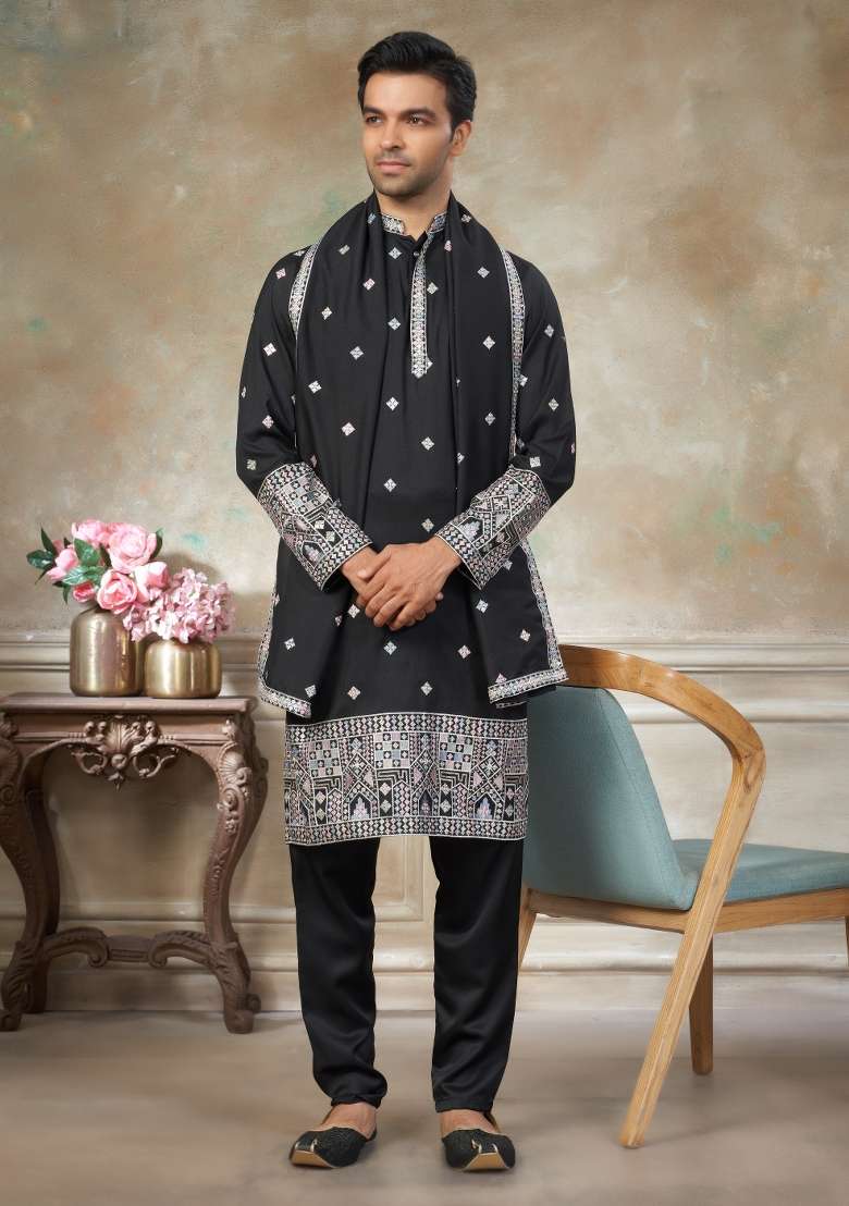Black Embroidered Cotton Kurta Pajama For Men - Indya