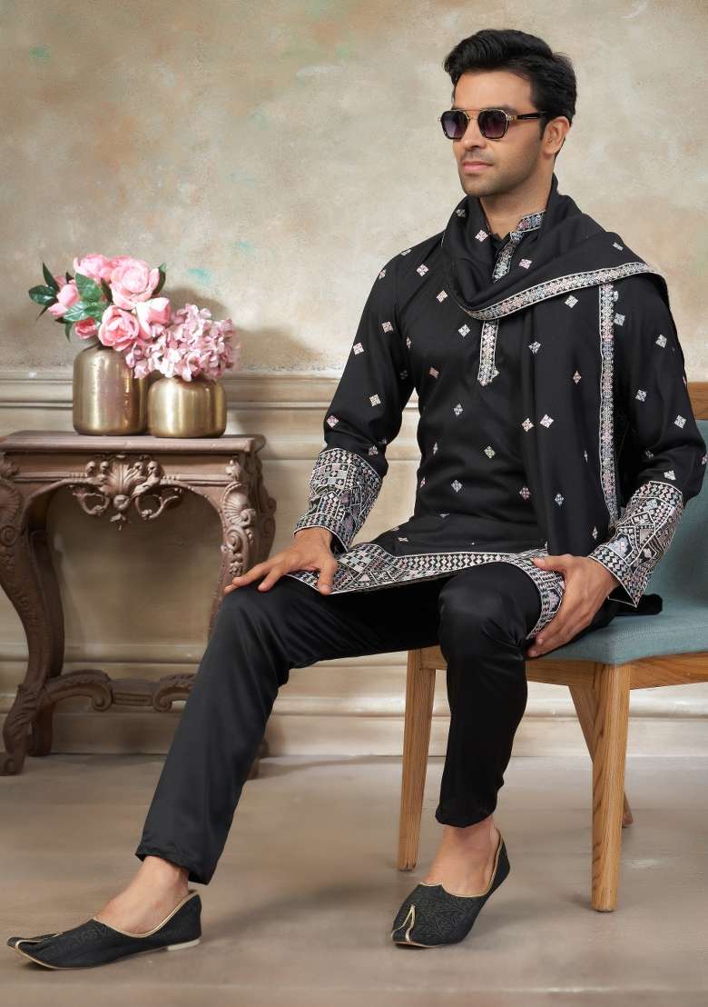 Black Embroidered Cotton Kurta Pajama For Men - Indya