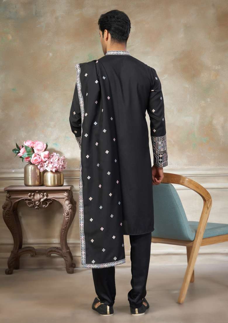Black Embroidered Cotton Kurta Pajama For Men - Indya