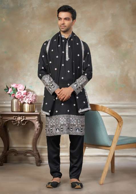 Black Embroidered Cotton Kurta Pajama For Men