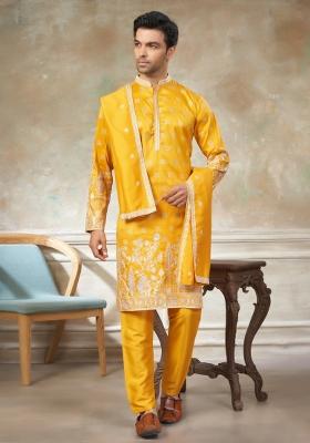 Yellow Embroidered Cotton Kurta Pajama For Men