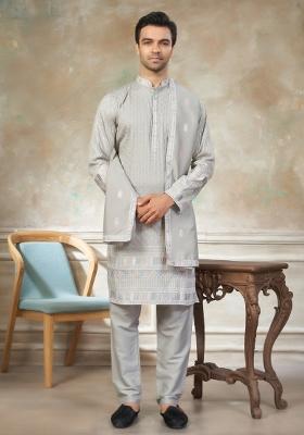 Grey Embroidered Cotton Kurta Pajama For Men