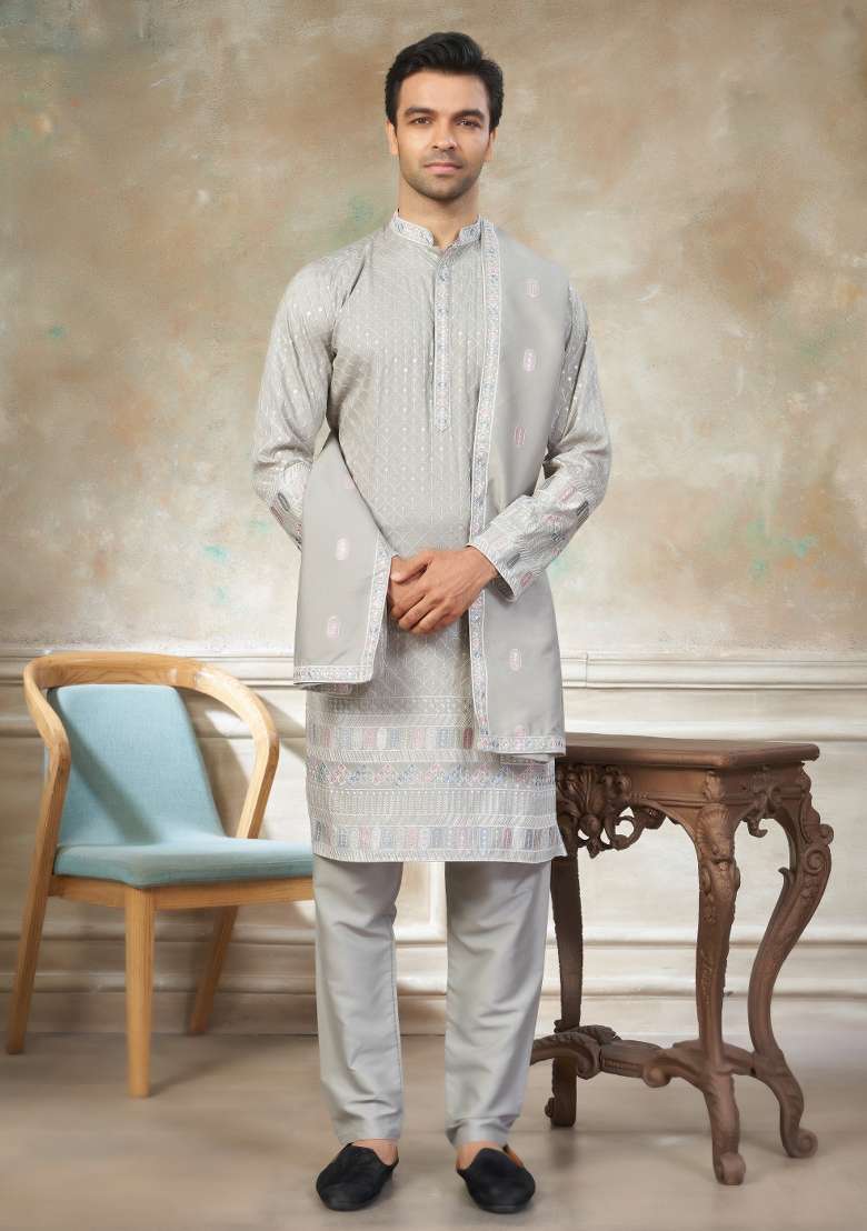Grey Embroidered Cotton Kurta Pajama For Men - Indya