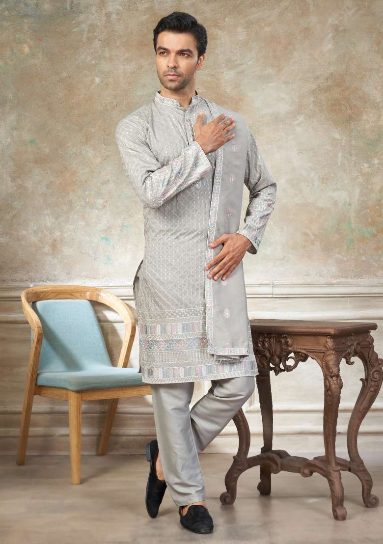 Grey Embroidered Cotton Kurta Pajama For Men - Indya