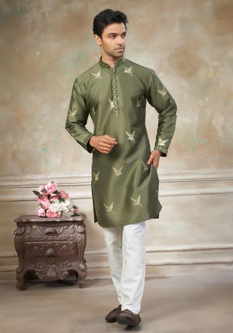 Green Embroidered Cotton Kurta Pajama For Men