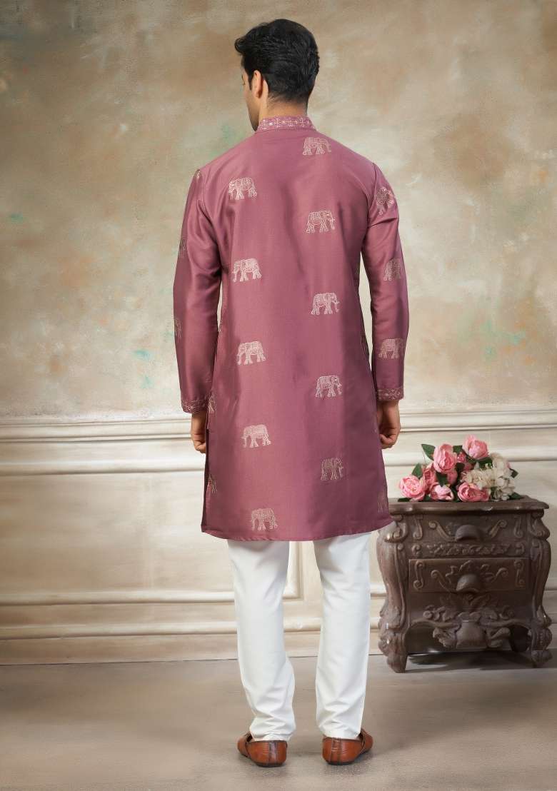 Pink Embroidered Cotton Kurta Pajama For Men - Indya