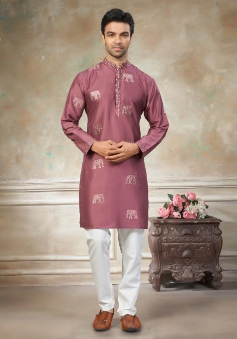 Pink Embroidered Cotton Kurta Pajama For Men