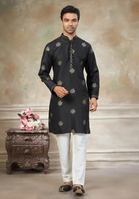 Black Embroidered Cotton Kurta Pajama For Men